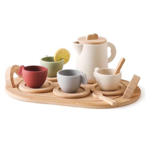Wooden Tea Set for Children Montessori Kettle with 4 Cups, Saucers and Spoons BPA Free Educational Toy Kitchen Set for Cooking Play