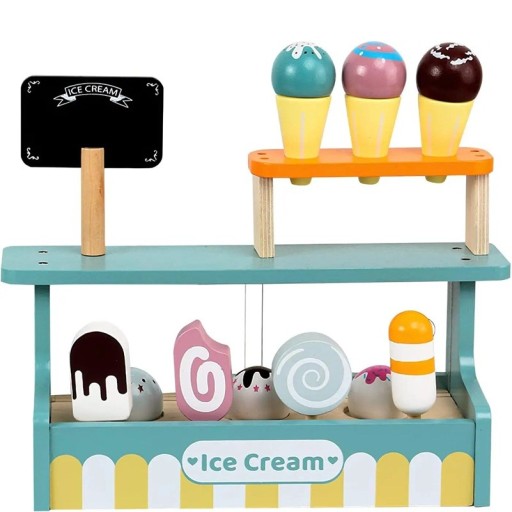 Wooden Three-Tiered Ice Cream Stand Montessori Toy for Children Stand with Cups Ice Lollies Spoon and Sign Kitchen Accessory for Toddlers
