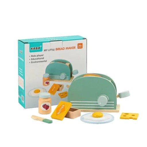 Wooden Toaster with Accessory Set Green Children's Kitchen Toy for Bread and Breakfast Educational Cooking Game for Girls and Boys Aged 3 Years and Up