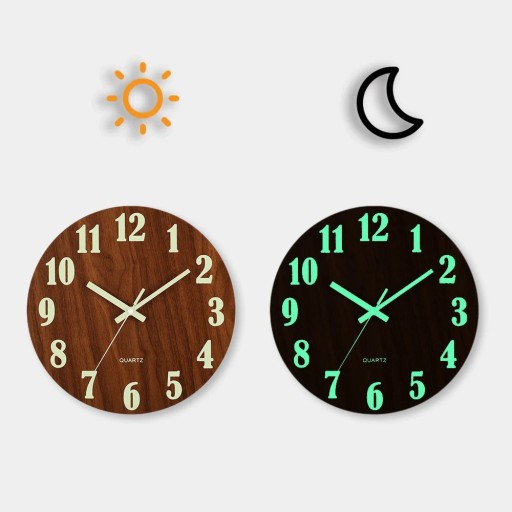 Wooden Wall Clock 29.7 cm Glowing Numbers Silent Movement Modern Style Quartz Decoration for Living Room Without Glass Large Readable Digits