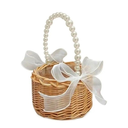 Woven Basket with Pearl Handle and Bow 16 × 9 cm Willow Rattan Natural Decorative Basket for Flowers and Small Items
