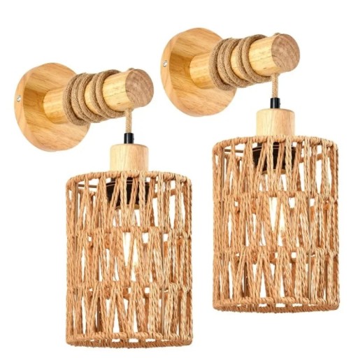 Woven Wall Lamp Rope Shade Set of 2 Wooden Bracket 90-260 V Natural Wood Colour Rustic Boho for Living Room and Bedroom