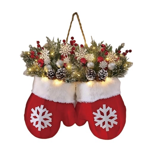Wreath para portas 30 x 30 cm Decoração de Natal com luzes Luvas de pelúcia Para pendurar Wreath de inverno iluminado com iluminação suave para o lar
