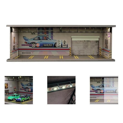 Wyścigowy serwis garaż 30 x 13,3 x 10 cm PVC Diorama warsztatu samochodowego z grafiką auta Dekoracja modelarska dla modeli samochodów scena