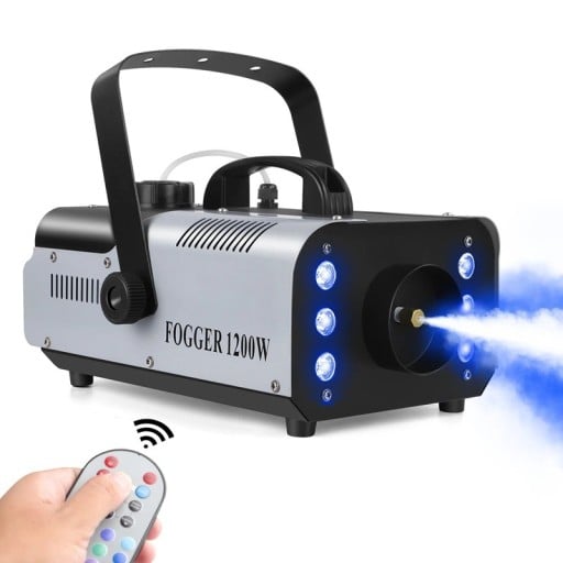 Wytwornica mgły maszyna dymna 1200 W 6 RGB LED świateł i pilot zdalnego sterowania zbiornik 1 l Aluminium Srebrny Na dyskoteki i pokazy na świeżym powietrzu