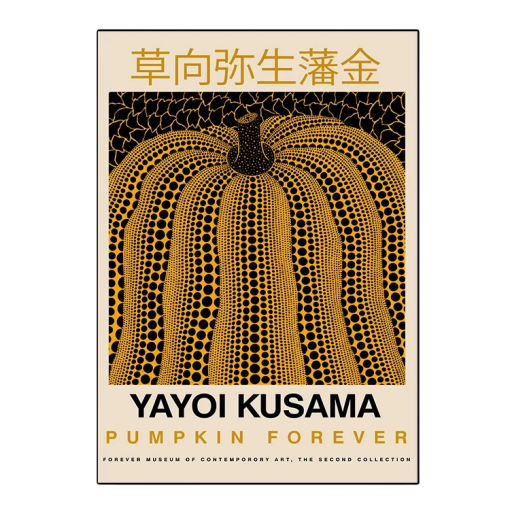 Yayoi Kusama díszplakát dýne Pumpkin Forever 30 x 40 cm vászonnyomás fekete-sárga falidekoráció keret nélkül