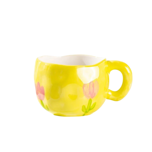 Yellow Ceramic Mug with Floral Design 300 ml Dimensions 9.5 × 7 cm Decorative Finish for Coffee Tea and Everyday Use