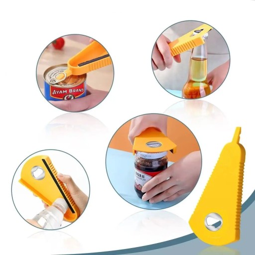 Yellow Multifunctional Jar, Bottle and Can Opener 4-in-1 Tool for Preserves, Drinks, Beer and Cans with Non-Slip Handle