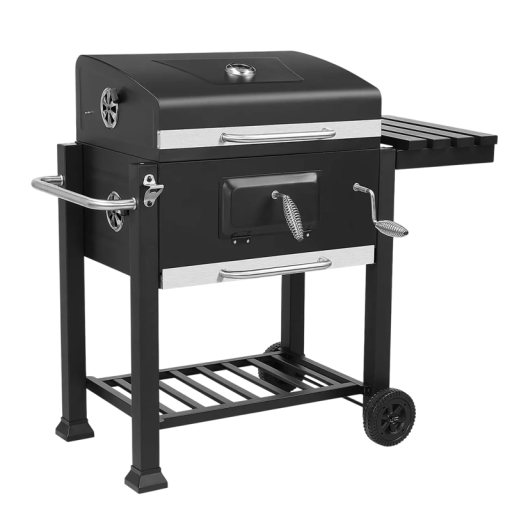 Zahradní gril na dřevěné uhlí s poklopem a odkládacím stolkem pro 5-10 osob 78 x 55 x 66 cm ocelový černý na kempování a bbq