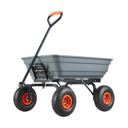 Zahradní sklápěcí vozík polyetylenový korba 960 x 590 x 270 mm ocelový rám rukojeť 2 v 1 pneumatická kola šedo-oranžový do zahrady