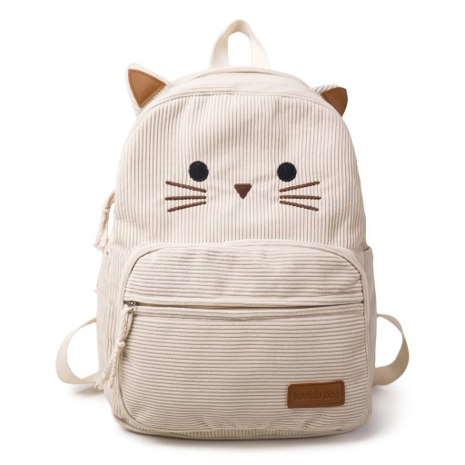 Zaino da donna a tema gattino 38 x 28 x 11 cm con orecchie e volto di gatto ricamato, con tasca interna per laptop e grande tasca frontale con zip