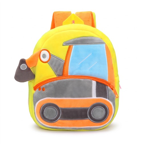 Zaino giallo per bambini 26 x 24 x 10 cm con motivo di escavatore e benna tridimensionale, dotato di due tasche con zip e spallacci morbidi arancioni