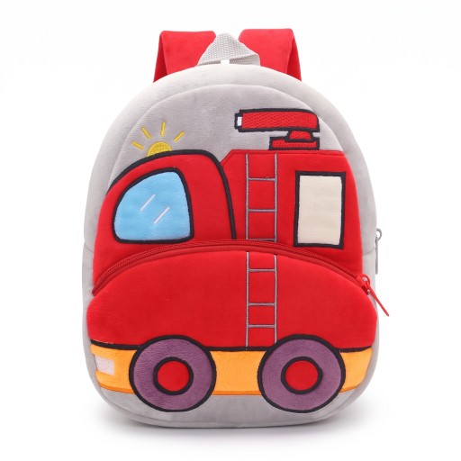Zaino grigio per bambini 26 x 24 x 10 cm con camion dei pompieri rosso e lampeggiatore ricamato con tasca frontale e principale con zip e spallacci rossi