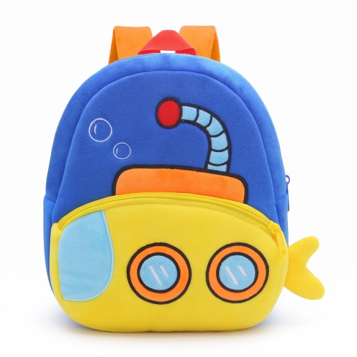 Zaino morbido per bambini 26 x 24 x 10 cm con motivo di sottomarino giallo e bolle in blu con tasca frontale con zip e spallacci arancioni