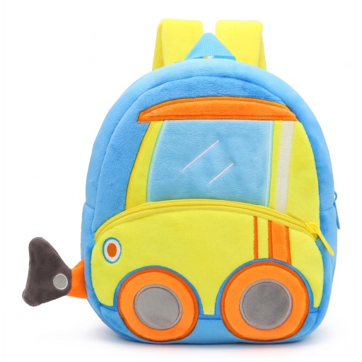 Zaino per bambini 26 x 24 x 10 cm con motivo di un bulldozer giallo e ruote arancioni su uno sfondo azzurro chiaro con tasca principale e tasca frontale con zip