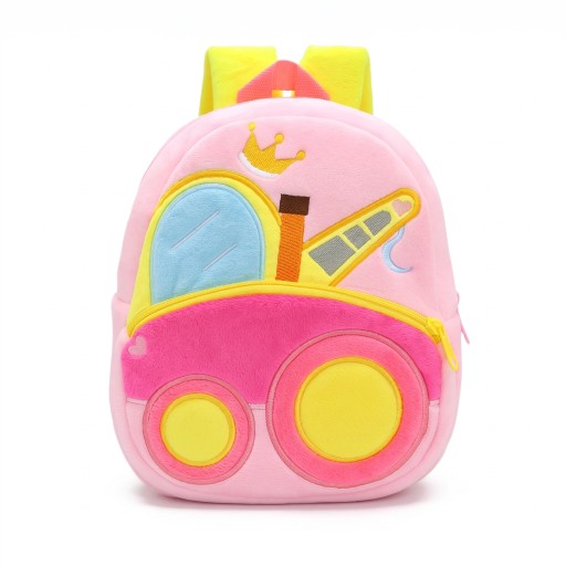 Zaino per bambini rosa 26 x 24 x 10 cm con motivo di gru e corona gialla con spallacci gialli e due tasche con zip