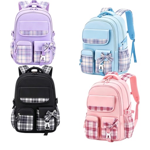 Zaino scolastico per bambini 41 x 28 x 18 cm con motivo a quadretti e fiocco, con due scomparti con zip e tasche laterali per bottiglie