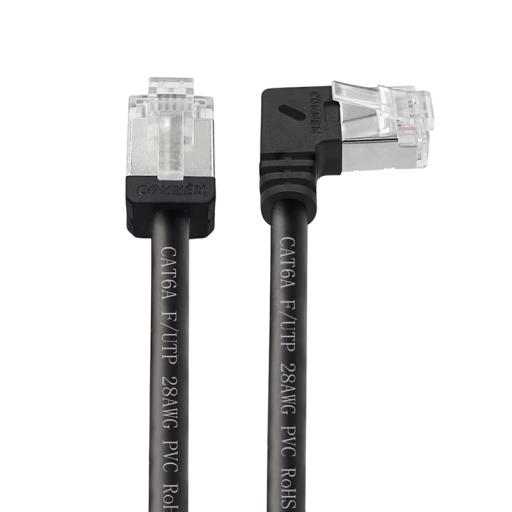 Zalamovací ethernetový kabel Cat6a RJ45 90° Slim 30 cm FTP 28AWG PVC černý pro připojení v omezeném prostoru routeru a switche