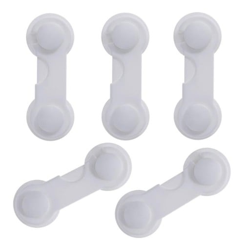 Zamek zabezpieczający do mebli 5 szt. Samoprzylepny zamek dla dzieci na drzwiczki szafek i szuflady z haczykiem Biały plastik ABS Wymiary 9 x 3 cm
