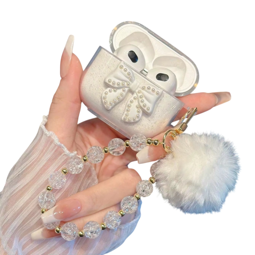Zászlós kristály védőtok masnival és függővel Airpods Pro 2-hez, bolyhos golyóval és karcálló védelemmel