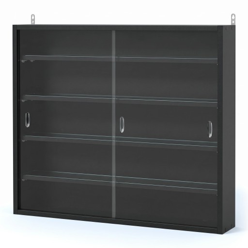 Závěsná nástěnná vitrína 80 x 60 x 9,5 cm Polička na zeď S průsvitnými posuvnými dvířky 5 pater Nosnost 2 kg Černá Na sbírky a figurky