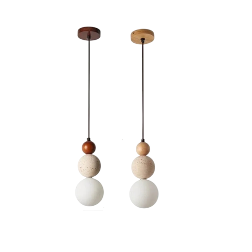 Závesné svietidlo moderné guľové tienidlo drevo kameň sklo výška 23 cm priemer 11 cm kábel 170 cm LED G9 do spálne nad jedálenský stôl