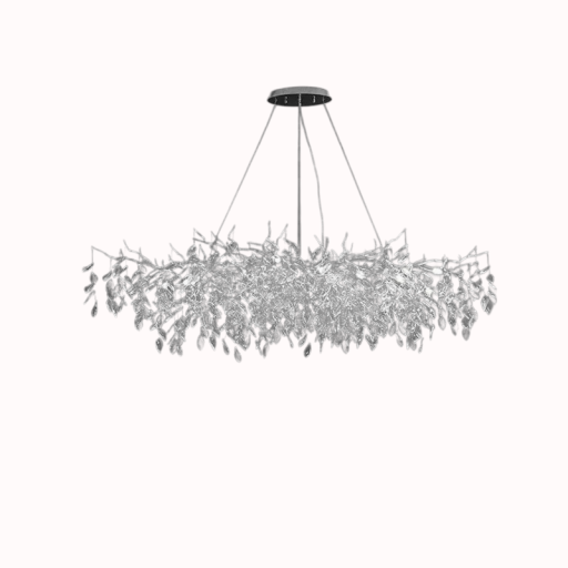 Závesný luster sklenené listy vetvičky strieborný 150 x 65 x výška 45 x nastaviteľný kábel 150 cm, 16x G9 LED v balení, tri teploty svetla