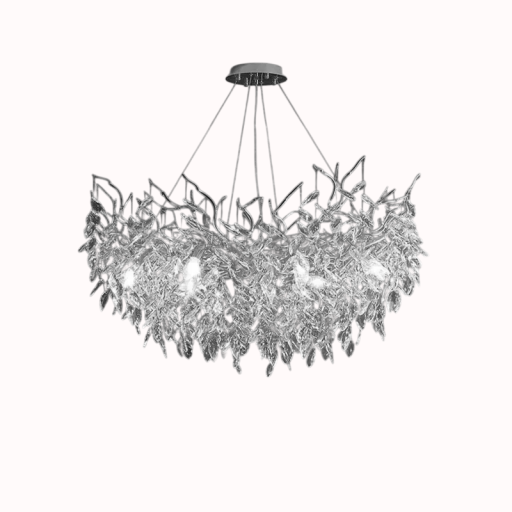 Závesný luster sklenené listy vetvičky strieborný priemer 45 x výška 45 x nastaviteľný kábel 150 cm, 6x G9, neutrálné biele svetlo do jedálne