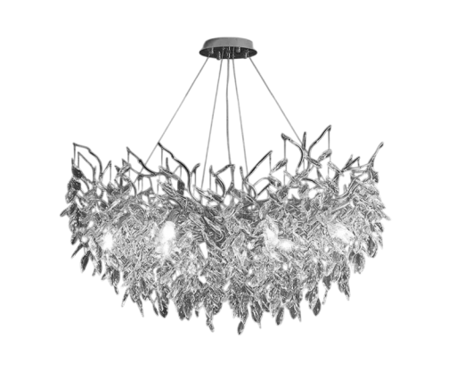 Závesný luster sklenené listy vetvičky strieborný priemer 80 x výška 45 x nastaviteľný kábel 150 cm, 10x G9 LED v balení, studené biele svetlo