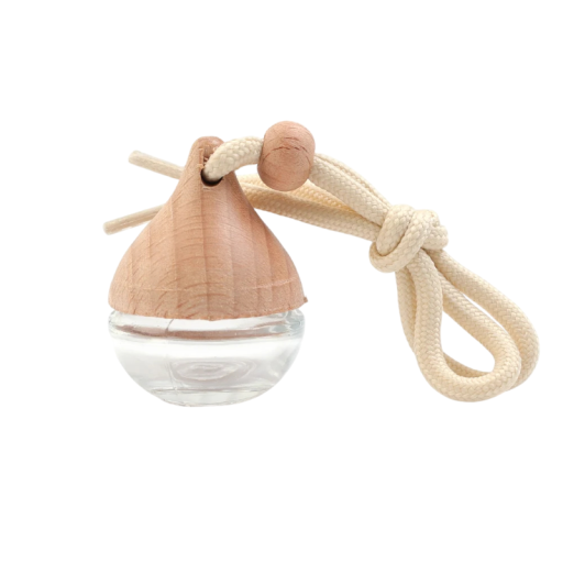 Závěsný osvěžovač vzduchu do auta kulatá parfémová láhev 6 ml 3,5 x 4,5 cm sklo dřevěný kryt lano aromaterapie interiér vozu