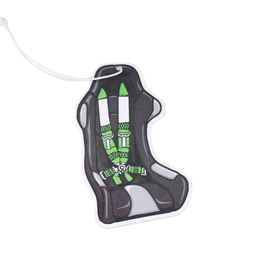 Závěsný osvěžovač vzduchu do auta na zpětné zrcátko motiv závodní sedačky 10 × 5 cm pevné provedení černo zelený doplněk interiéru