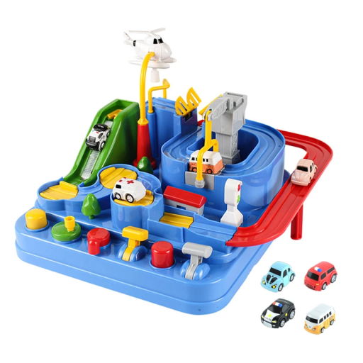 Závodní kolejnice 22 x 22 x 16 cm Interaktivní mechanická dráha na autíčka pro děti Dobrodružná hračka včetně 4 náhodných mini autíček