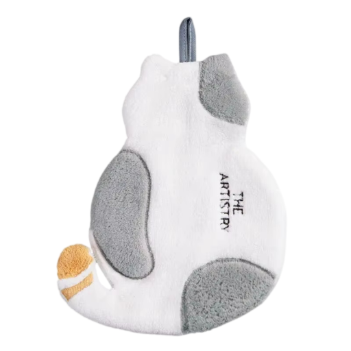 Zawieszany ręcznik w kształcie kota miękki chłonny 30 x 21 cm tekstylny biały szary do kuchni i łazienki do osuszania rąk