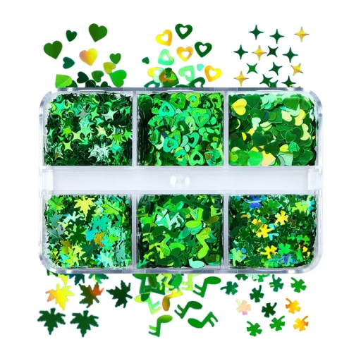 Zelené flitry 3-4g 6 tvarů Sypané flitry na nehty Třpytky na dekorace Ruční tvorba Umělecké zdobení Scrapbooking DIY