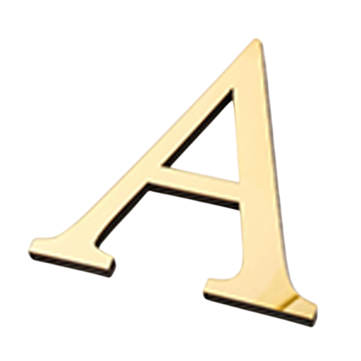 Zelfklevende gouden letter A van 20 cm hoog met glanzend spiegeloppervlak, serif lettertype, rechte achterkant en montage zonder boren