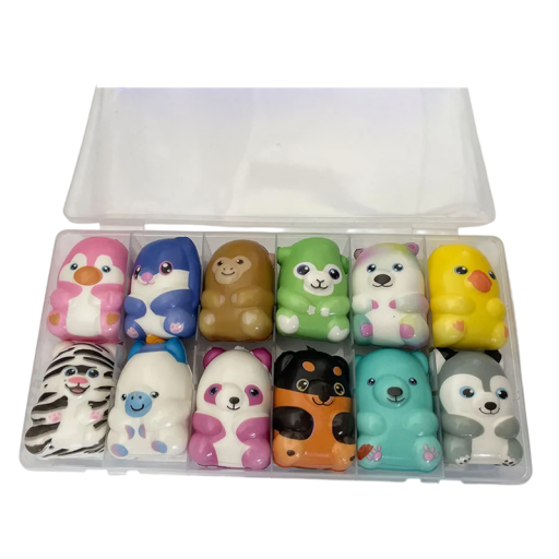 Zestaw 12 sztuk antystresowych squishy zabawek 4 x 4,8 cm miękkie figury do ściskania w pudełku wielokolorowe losowy wybór do relaksu