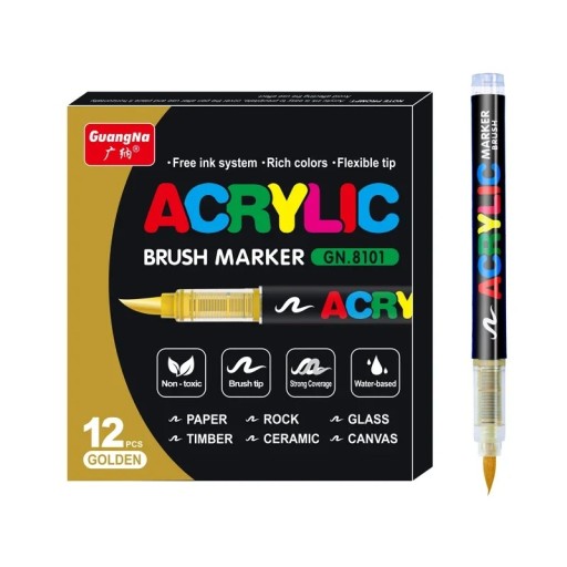Zestaw 12 złotych markerów akrylowych wodoodpornych metalicznych pisaków malarskich z końcówką pędzelkową do szkła, plastiku, kamienia, drewna, metalu, papieru, dekoracji sztuki
