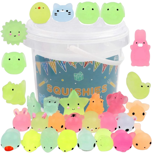 Zestaw 24 sztuk antystresowych świecących squishy z pudełkiem miękkie figury do ściskania wielokolorowe do relaksu i zabawy