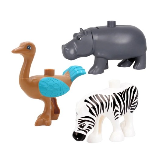 Zestaw 3 sztuk plastikowych klocków zwierząt dla dzieci Zebra Hipopotam i Struś edukacyjna zabawka safari do składania