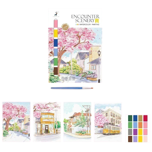 Zestaw akwarelowego malowania Encounter Scenery 21,5×29,5 cm 4 obrazy krajobrazów 2 papierów pigmentowych 1 pędzel kreatywne tworzenie