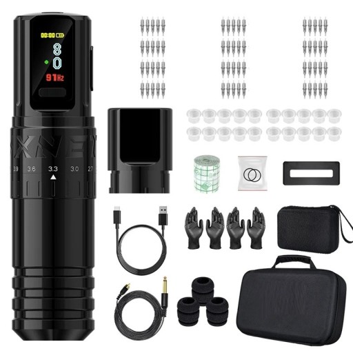 Zestaw do tatuażu bezprzewodowego 14,5 x 3,6 cm Regulowany skok 2,4-4,2 mm Wyświetlacz OLED 2400 mAh 10 V 9000 obr./min RCA i bezprzewodowy