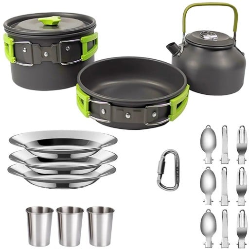 Zestaw naczyń kempingowych dla 3 osób Garnek z pokrywką 175 x 95 mm patelnia 180 x 45 mm czajnik 800 ml i kubki 330 ml Twarda aluminiowa stop