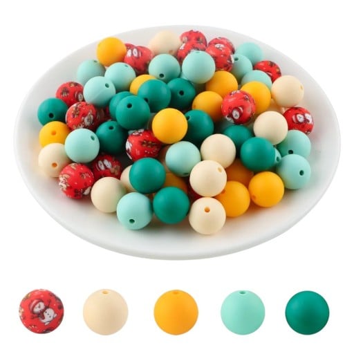 Zestaw okrągłych koralików silikonowych 15 x 15 mm 20 sztuk w pięciu świątecznych kolorach po 4 sztuki do kreatywnego tworzenia bransoletek, naszyjników, zawieszek i dekoracji