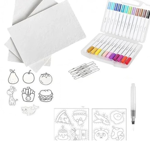 Zestaw papierów piankowych prostokątnych ok. 11 × 7 cm + 12 markerów, pędzel wodny, stojak i łańcuszek, 3D papier do rysowania do DIY malowania