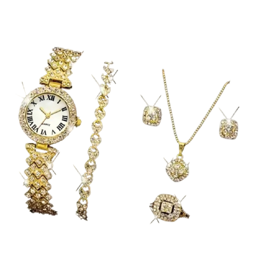 Zestaw upominkowy dla kobiet składający się z 5 elementów: zegarka, naszyjnika, kolczyków, bransoletki i pierścionka