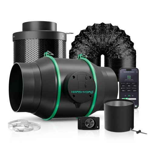 Zestaw wentylatora z filtrem węglowym i rurą, regulacja obrotów, 100 mm (4"), 205 CFM, silnik EC, czarny, do namiotów hodowlanych i roślin