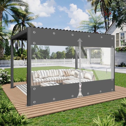 Zewnętrzna przezroczysta osłona PVC wodoodporna z zamkiem rozmiar 2,4 x 2,1 m odporna na warunki atmosferyczne szara na werandę, pergolę i garaż