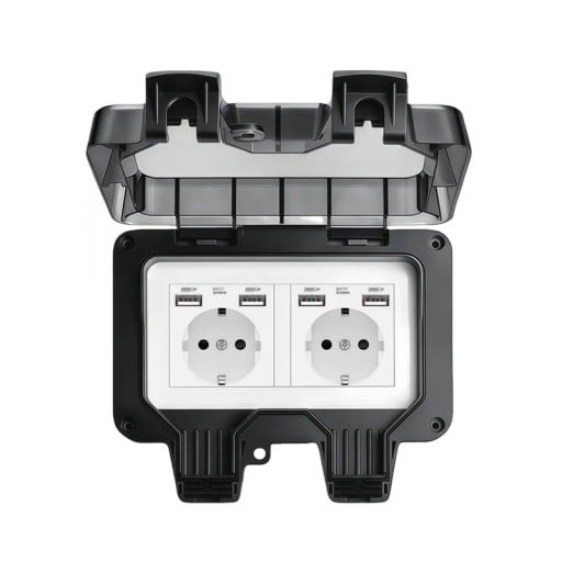 Zewnętrzna wodoodporna podwójna gniazdko typu EU z osłoną IP66 i 4x USB, 16 A, 220 V, plastikowa do montażu na ścianie, czarna, do ogrodu, na taras i do garażu
