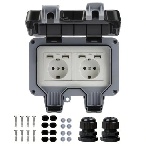 Zewnętrzne podwójne gniazdo z USB, wodoodporne i pyłoszczelne IP66, 2× EU 16 A + 4× USB-A, plastik ABS, szaro-czarne, do ogrodu i łazienki