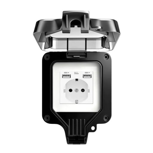 Zewnętrzny gniazdko wodoodporne IP66 z 2x USB, 16A/220V, rozmiar 11 x 11 cm, plastikowa obudowa, czarna, do montażu na ścianie w ogrodzie, na tarasie i w garażu